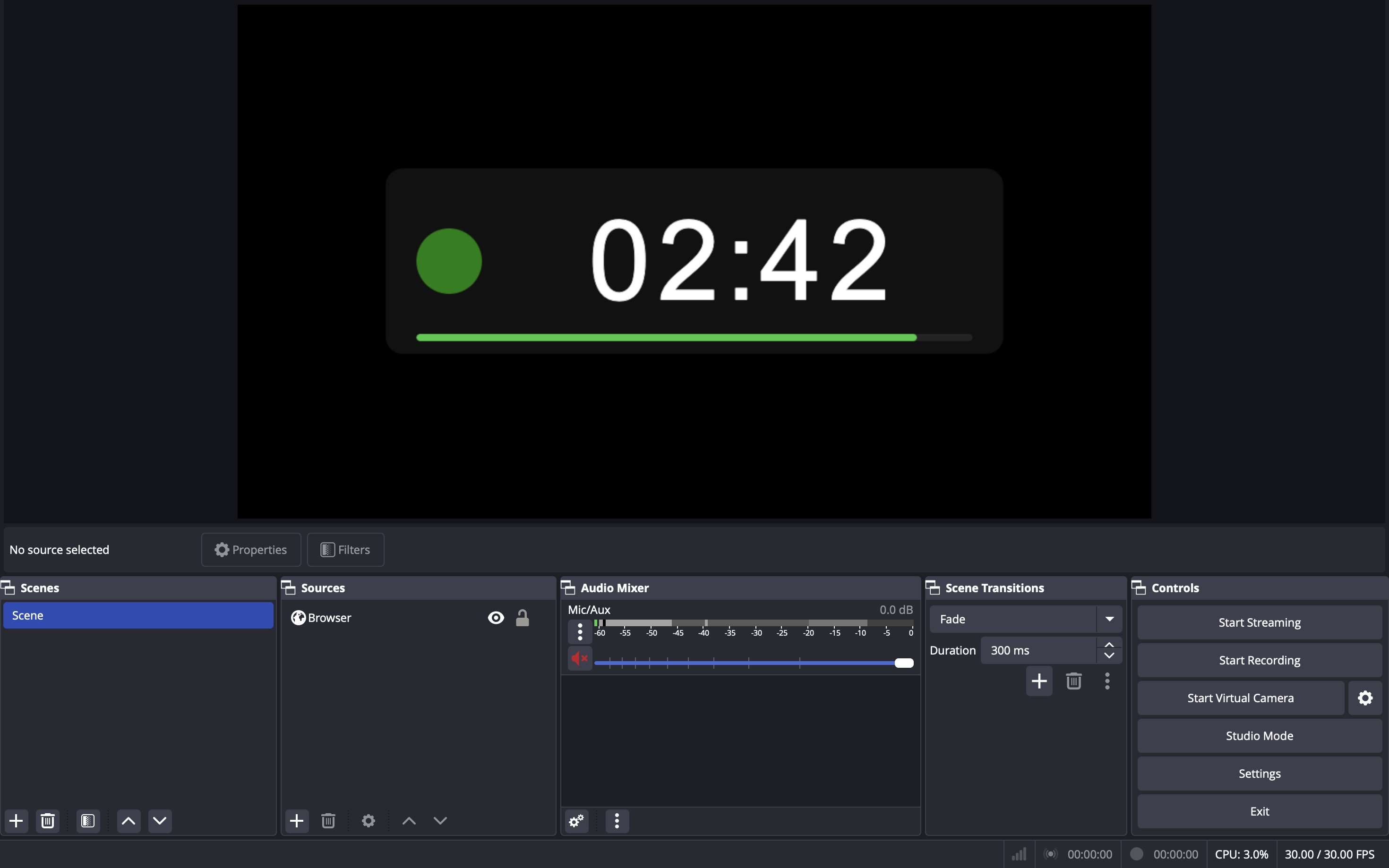 The StageTime timer as a browser source inside OBS
